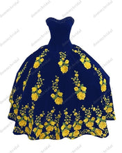 Load image into Gallery viewer, Modest Yellow Printed Floral Flowers Black Velvet Ball Gown Quincaenera Dress Mexican Charro XV Sweet 15 Party Formal Prom Dress