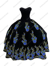 Load image into Gallery viewer, Modest Yellow Printed Floral Flowers Black Velvet Ball Gown Quincaenera Dress Mexican Charro XV Sweet 15 Party Formal Prom Dress