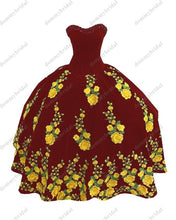 Load image into Gallery viewer, Modest Yellow Printed Floral Flowers Black Velvet Ball Gown Quincaenera Dress Mexican Charro XV Sweet 15 Party Formal Prom Dress
