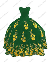 Load image into Gallery viewer, Modest Yellow Printed Floral Flowers Black Velvet Ball Gown Quincaenera Dress Mexican Charro XV Sweet 15 Party Formal Prom Dress