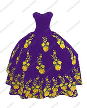 Load image into Gallery viewer, Modest Yellow Printed Floral Flowers Black Velvet Ball Gown Quincaenera Dress Mexican Charro XV Sweet 15 Party Formal Prom Dress