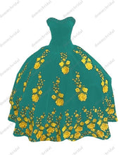 Load image into Gallery viewer, Modest Yellow Printed Floral Flowers Black Velvet Ball Gown Quincaenera Dress Mexican Charro XV Sweet 15 Party Formal Prom Dress