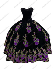 Load image into Gallery viewer, Modest Yellow Printed Floral Flowers Black Velvet Ball Gown Quincaenera Dress Mexican Charro XV Sweet 15 Party Formal Prom Dress