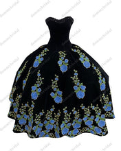 Load image into Gallery viewer, Modest Yellow Printed Floral Flowers Black Velvet Ball Gown Quincaenera Dress Mexican Charro XV Sweet 15 Party Formal Prom Dress