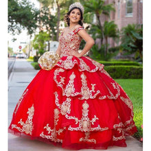 Load image into Gallery viewer, 2022 Stunning Red and Gold Embellishment Quinceanera Dresses Charro Ball Gown Off the shoulder with Sleeves Puffy Skirt Satin Sw