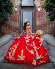 Load image into Gallery viewer, 2022 Modern Gold Patterned Embroidery Flowers Red Satin Tulle Ball Gown Quinceanera Dresses Mexican Charro Vestido De 15 16 Prom