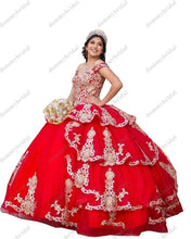 Load image into Gallery viewer, 2022 Modern Gold Patterned Embroidery Flowers Red Satin Tulle Ball Gown Quinceanera Dresses Mexican Charro Vestido De 15 16 Prom