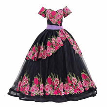 Load image into Gallery viewer, Mexican Charro Black Quinceanera Dress Off the Shoulder Corset Back Sweet 15 16 Dresses Theme Party Prom Vestidos