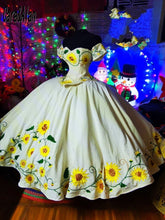 Load image into Gallery viewer, Elegant Sunflower Embroidery Quinceanera Dresses Off the Shoulder Puffy Satin Charro Vestido De 15 Años 2021 Sweet 16 Prom Gowns
