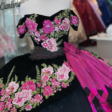 Load image into Gallery viewer, Red Floral Flowers Embroidered Black Quinceanera Dresses Mexican Charro XV 15 Anos Off Shoulders Ball Gown Sweet 16 Dress