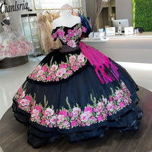 Load image into Gallery viewer, Red Floral Flowers Embroidered Black Quinceanera Dresses Mexican Charro XV 15 Anos Off Shoulders Ball Gown Sweet 16 Dress