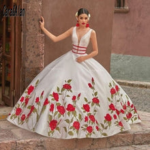 Load image into Gallery viewer, Charro Mexican Vestido De XV Años White Embroidery Quinceanera Dresses Satin Deep V Neck Girls Sweet 15 Birthday Prom Gowns