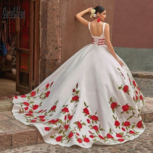 Load image into Gallery viewer, Charro Mexican Vestido De XV Años White Embroidery Quinceanera Dresses Satin Deep V Neck Girls Sweet 15 Birthday Prom Gowns