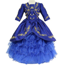 Load image into Gallery viewer, 2022 Gold Embroidery Royal Blue Charro Ball Gown Toddler Little Girls Pageant Prom Dresses for Kids Infant Ruffles Satin Corset