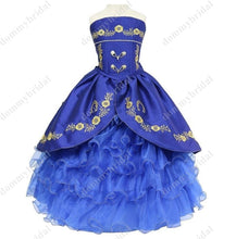 Load image into Gallery viewer, 2022 Gold Embroidery Royal Blue Charro Ball Gown Toddler Little Girls Pageant Prom Dresses for Kids Infant Ruffles Satin Corset