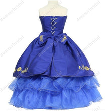 Load image into Gallery viewer, 2022 Gold Embroidery Royal Blue Charro Ball Gown Toddler Little Girls Pageant Prom Dresses for Kids Infant Ruffles Satin Corset