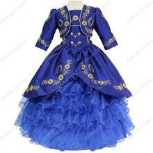 Load image into Gallery viewer, 2022 Gold Embroidery Royal Blue Charro Ball Gown Toddler Little Girls Pageant Prom Dresses for Kids Infant Ruffles Satin Corset
