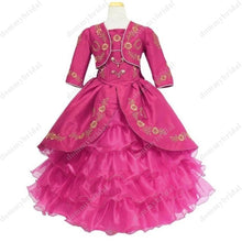 Load image into Gallery viewer, 2022 Gold Embroidery Royal Blue Charro Ball Gown Toddler Little Girls Pageant Prom Dresses for Kids Infant Ruffles Satin Corset