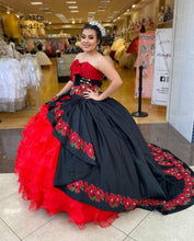 Load image into Gallery viewer, Classy Puffy Mexican Quinceanera Dresses Best Ball Gown Appliques Embroidery Sweet 16 Dress Black And Red Halloween Prom Gowns