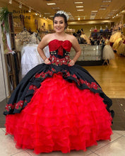 Load image into Gallery viewer, Classy Puffy Mexican Quinceanera Dresses Best Ball Gown Appliques Embroidery Sweet 16 Dress Black And Red Halloween Prom Gowns