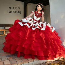 Load image into Gallery viewer, White And Red Mexican Quinceanera Dress With Tiered Skirt Embroidery Ball Gown Corset Sweet 16 Dress Extra Puffy Prom Dresses