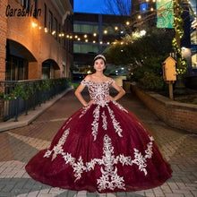 Load image into Gallery viewer, Vestidos De 15 Años Burgundy Quinceanera Dresses Lace Applique Sweet 16 Dress Off the Shoulder Mexican Prom Gowns 2021