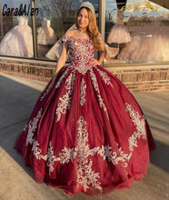 Load image into Gallery viewer, Vestidos De 15 Años Burgundy Quinceanera Dresses Lace Applique Sweet 16 Dress Off the Shoulder Mexican Prom Gowns 2021