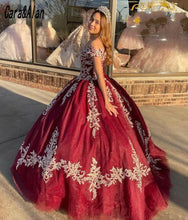 Load image into Gallery viewer, Vestidos De 15 Años Burgundy Quinceanera Dresses Lace Applique Sweet 16 Dress Off the Shoulder Mexican Prom Gowns 2021
