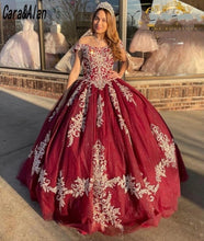 Load image into Gallery viewer, Vestidos De 15 Años Burgundy Quinceanera Dresses Lace Applique Sweet 16 Dress Off the Shoulder Mexican Prom Gowns 2021
