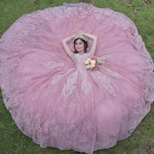 Load image into Gallery viewer, Elegant Pink Quinceanera Dresses Applique Beading Sweet 16 Dress Sheer Neck Mexican vestidos de 15 xv años