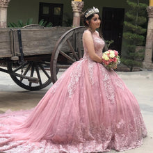 Load image into Gallery viewer, Elegant Pink Quinceanera Dresses Applique Beading Sweet 16 Dress Sheer Neck Mexican vestidos de 15 xv años