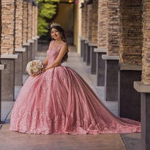 Load image into Gallery viewer, Elegant Pink Quinceanera Dresses Applique Beading Sweet 16 Dress Sheer Neck Mexican vestidos de 15 xv años