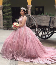 Load image into Gallery viewer, Elegant Pink Quinceanera Dresses Applique Beading Sweet 16 Dress Sheer Neck Mexican vestidos de 15 xv años