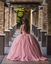Load image into Gallery viewer, Elegant Pink Quinceanera Dresses Applique Beading Sweet 16 Dress Sheer Neck Mexican vestidos de 15 xv años