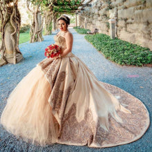 Load image into Gallery viewer, Gold Ball Gown Quinceanera Dress Lace Applique Beaded Sweet 16 Dress vestido de 15 anos off the Shoulder Pageant Party Gowns