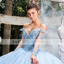 Load image into Gallery viewer, Princess Light Blue Quinceanera Dresses Tiered Skirt Beading vestidos de xv años 2021 Off Shoulder Masquerade Prom Wear