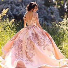 Load image into Gallery viewer, Vestidos De XV Años Quinceanera Dress 2021 Pink Rose Gold Sequin Lace Spaghetti Straps Ball Gown Prom Dress Sweet 16 Party Gown