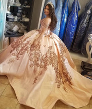 Load image into Gallery viewer, Vestidos De XV Años Quinceanera Dress 2021 Pink Rose Gold Sequin Lace Spaghetti Straps Ball Gown Prom Dress Sweet 16 Party Gown