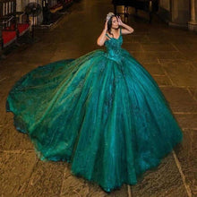 Load image into Gallery viewer, vestidos de quinceañera Green Appliques Lace Prom Dress Off Shoulder Croset Back Girl Party Dress vestidos de fiesta