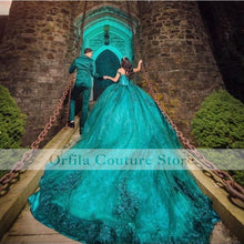 Load image into Gallery viewer, vestidos de quinceañera Green Appliques Lace Prom Dress Off Shoulder Croset Back Girl Party Dress vestidos de fiesta