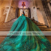 Load image into Gallery viewer, vestidos de quinceañera Green Appliques Lace Prom Dress Off Shoulder Croset Back Girl Party Dress vestidos de fiesta