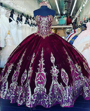Load image into Gallery viewer, Vestidos De XV Años Red Velvet Quinceanera Dress Sequins Lace Mexican Girls 15 Years Birthday Dress Prom Party Gown 2021