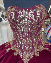 Load image into Gallery viewer, Vestidos De XV Años Red Velvet Quinceanera Dress Sequins Lace Mexican Girls 15 Years Birthday Dress Prom Party Gown 2021
