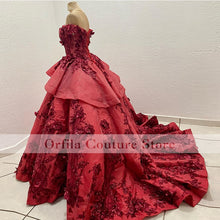 Load image into Gallery viewer, vestidos de quinceañera Red Off Shoulder Sweet 16 Prom Dress Tiered Tulle Appliques Lace 15 años xv dress