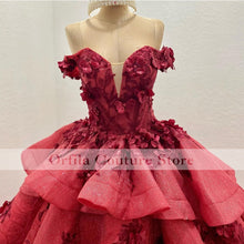 Load image into Gallery viewer, vestidos de quinceañera Red Off Shoulder Sweet 16 Prom Dress Tiered Tulle Appliques Lace 15 años xv dress