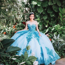 Load image into Gallery viewer, Blue Sequins Sparkly Quinceanera Dress Ball Gown With Detachable Train 2022 Princess Sweet 16 Prom Party Wear