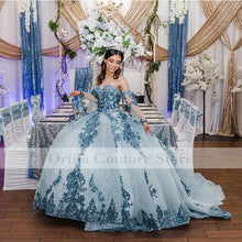 Load image into Gallery viewer, Blue Sequins Sparkly Quinceanera Dress Ball Gown With Detachable Train 2022 Princess Sweet 16 Prom Party Wear