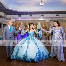 Load image into Gallery viewer, Blue Sequins Sparkly Quinceanera Dress Ball Gown With Detachable Train 2022 Princess Sweet 16 Prom Party Wear