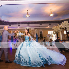 Load image into Gallery viewer, Blue Sequins Sparkly Quinceanera Dress Ball Gown With Detachable Train 2022 Princess Sweet 16 Prom Party Wear