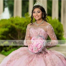 Load image into Gallery viewer, vestidos de 15 años 2021 Off Shoulder Long Sleeves Appliques Lace Corset Back Quinceanera Prom Party Dress